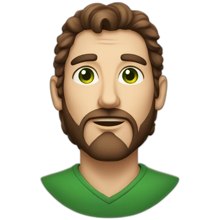 a long brown haired men with rhombus-shape face green eyes and big ling nose no facial hair emoji