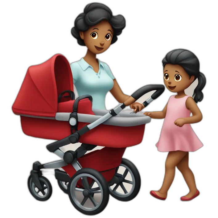 Deux femmes amoureuses se promènent avec leur bébé en poussette bugaboo rouge emoji