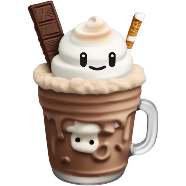 mint chocolate chip milkshake topped with a toasted marshmallow, chocolate covered pretzel, chocolate s’more, and a s’mores cookie emoji