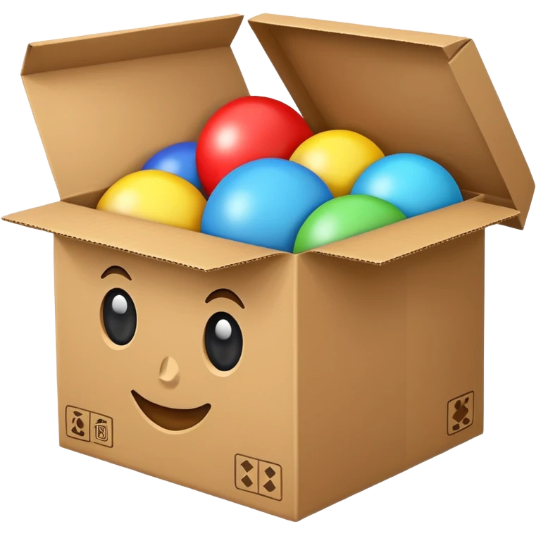 cardboard box with toys, emoji