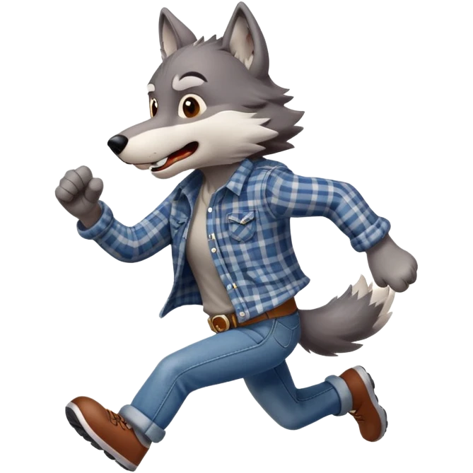 friendly anthropomorphised wolf in plaid and jeans running, energetic pose emoji