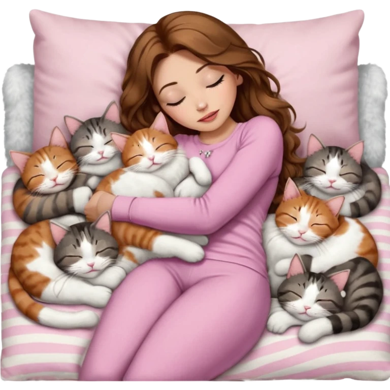 girl with long wavy brown hair, brown eyes, long lashes makeup, sexy pink lips, light to medium complexion,  sleeping on a cozy pillow, with 6 cats: 1 brown and white tabby cat, 1 ginger and white, 2 grey and white, 1 grey with white mittens and small white patch on chest and 1 calico, sleeping emoji