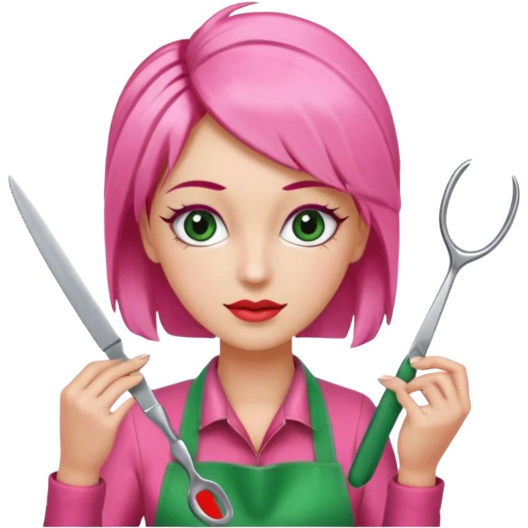 A hairdresser with scissors behind her head ✂️🩶(Pink, red and green apron)(Eyelashes)(Woman silver skin) emoji