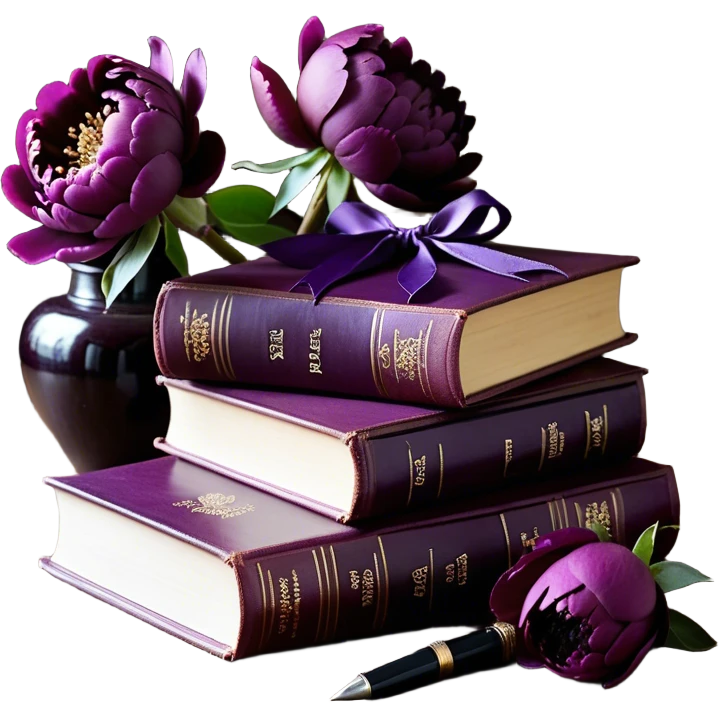 A beautifully arranged stack of mulberry-colored books sits on an antique wooden table, adorned with lush, deep aubergine peonies whose velvety petals spill gently over the edges. Beside them, a delicate love letter, sealed with a wax stamp in rich Tyrian purple, rests gracefully, its edges slightly curled with time. The scene is bathed in warm, golden candlelight, casting soft shadows that enhance the depth of the regal hues. A fine silk ribbon in a matching plum shade winds around the books, securing a tiny, ornate key—perhaps holding the promise of a secret yet to be unveiled. emoji
