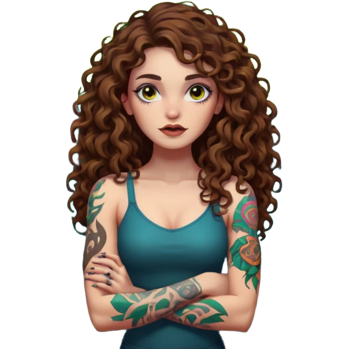 full body view of a woman with long curly brown hair, brown eyes, white skin, tattoos, arms crossed, eyebrow raised, neon forest chaos behind her emoji