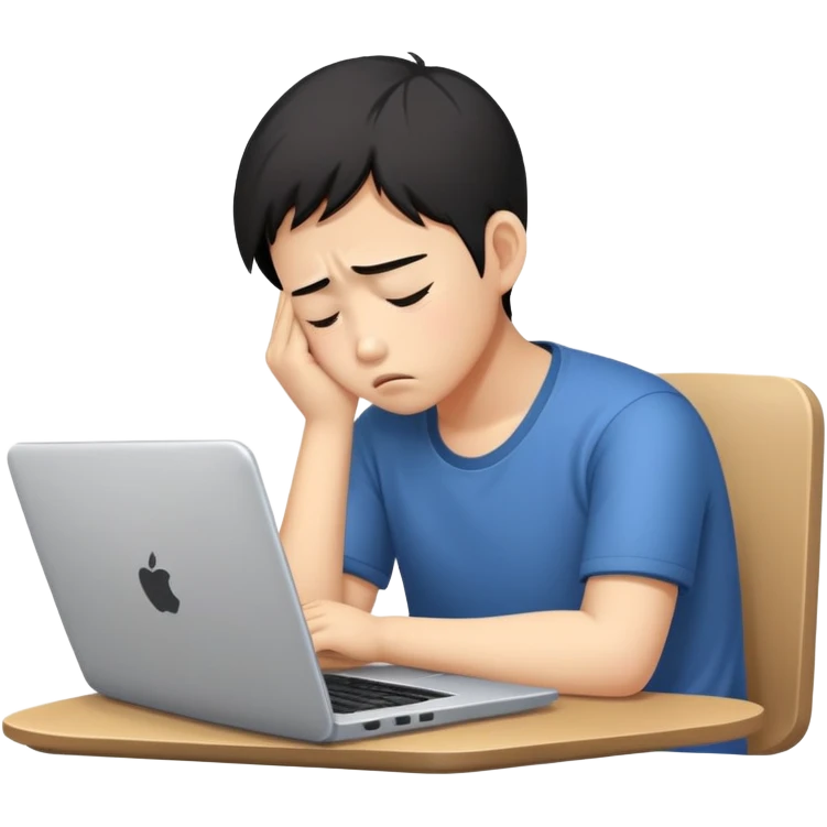 Create an emoji of a tired person of Asian descent, sitting at a laptop, looking exhausted and frustrated. They have slouched posture, representing overwork and burnout. emoji