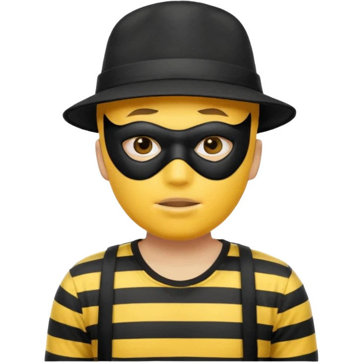 Shrugging shoulders emoji but wearing cliche robber outfit not holding any money, emoji yellow skin tone male emoji