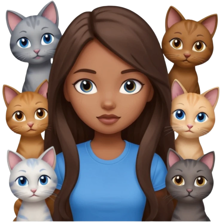 a pretty bratz dusky girl with long brown hair, blue eyes with six cats nd wearing a grey tshirt emoji