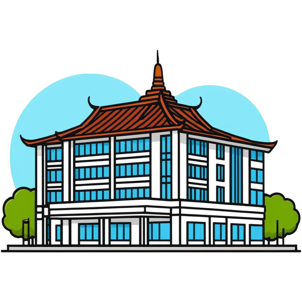 Bangkok hospital with traditional Thai roof details and modern medical facility emoji