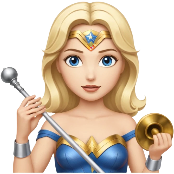 Blonde blue eyed Wonder Woman holding white orchestra conductor’s baton and bell emoji