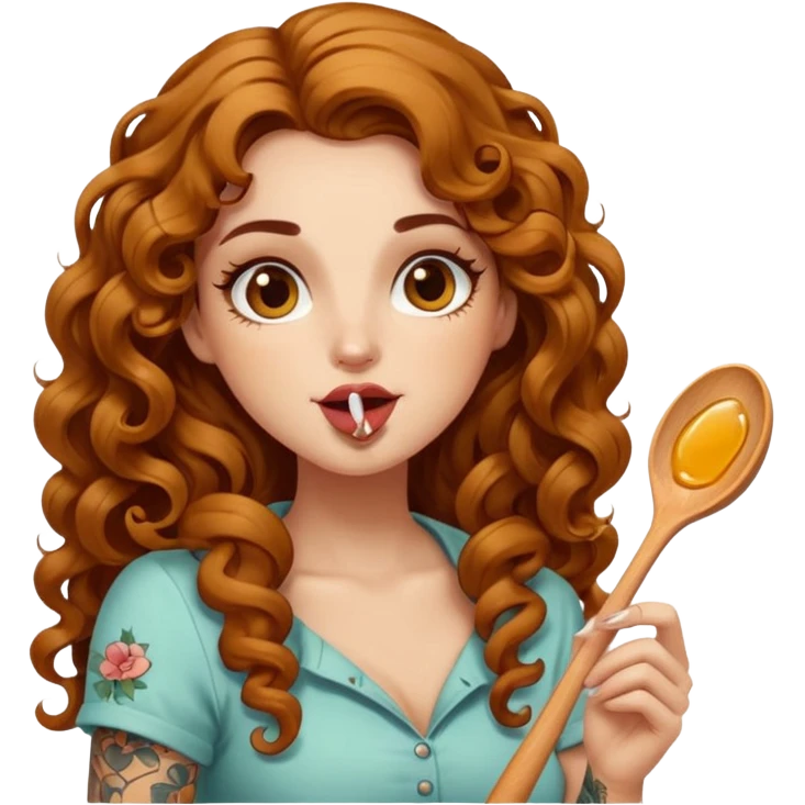 portrait woman long curly brown hair brown eyes white skin tattoos licking honey from wooden spoon, flirty emoji