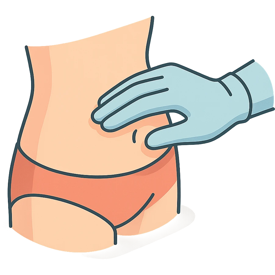 side view close-up of human abdomen, a doctor's hand palpating, hand wearing glove, hand coming from opposite side, fingers gently pressing, 2D isometric style, very detailed, soft rounded shapes, clean contours, pastel palette, refined shadows and highlights, modern illustration, transparent background emoji