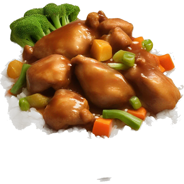 chicken chunks in brown sauce over rice with veggies emoji