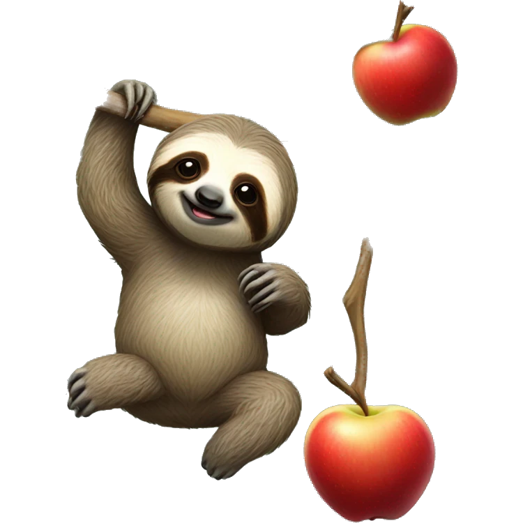 realistic full body sloth hanging from branch and holding a small red apple emoji