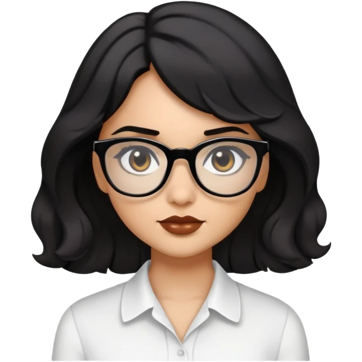 una chica bonita de tez media, cabello negro mediano ondulado, ojos oscuros y lentes negros con blusa blanca, complexión media emoji