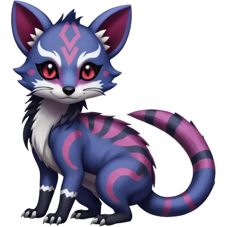 Rare warm-colored exotic gloomy tropical edgy cute epic aesthetic spooky indigo purple white black red gothic colorful Salandit-Furret-Espurr-Meowstic-Civet-species-Fakemon-hybrid-creature, with tribal tattoo markings, full body emoji