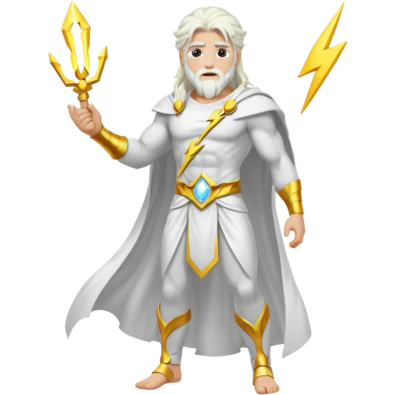 Zeus, whole body, white clothes, long white  hair, lightnings emoji