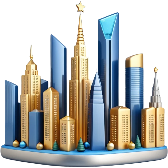 3D emoji of Moscow City business district skyline. A cluster of stylized skyscrapers with different shapes (gold, blue, silver). Decorated with tiny glowing Christmas lights. Soft 3D render, clay and glass textures, Apple aesthetic, isolated on a white background. emoji