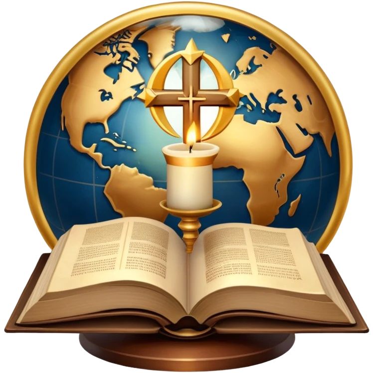 An icon featuring a holy book, a candle, and a cross, symbolizing religious studies. The design includes a globe with various religious symbols: a crescent moon and star (Islam), a lotus flower (Buddhism), representing global belief systems. Transparent background. emoji