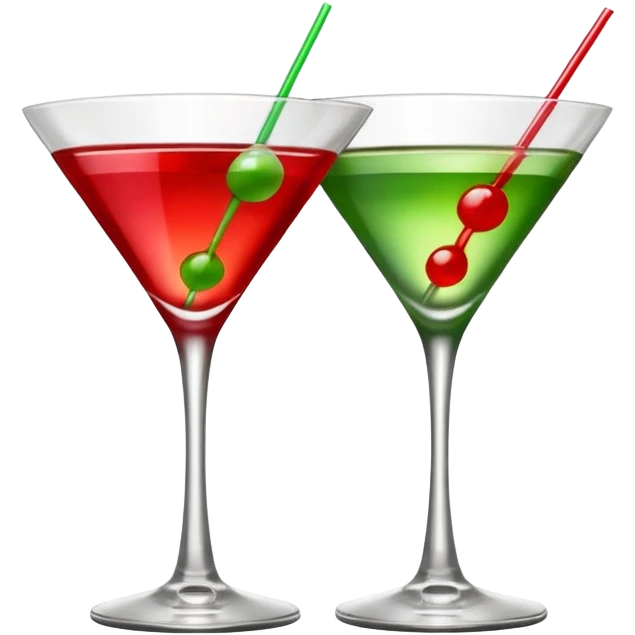 two realistic glasses of cocktail in emoji style, one is red color and one is green, martini glass shape, no straw, no fruit, no ice emoji