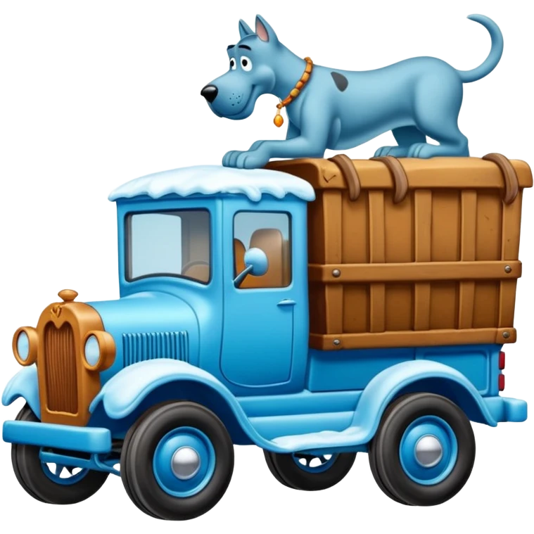 The Flintstones shiny crushed-dark-ice-blue frozen Scooby Doo 1912 antique long-wheelbase snub-nose off-road moving truck  emoji