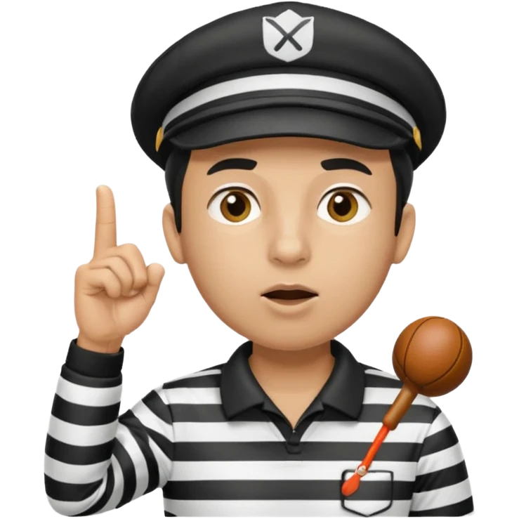 A black calm referee with striped shirt, wearing a sport cap while blowing a whistle, pointing clearly toward the field. emoji