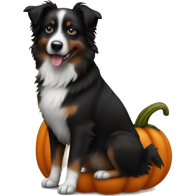 Small black australian shepherd dog in a pumpkin emoji