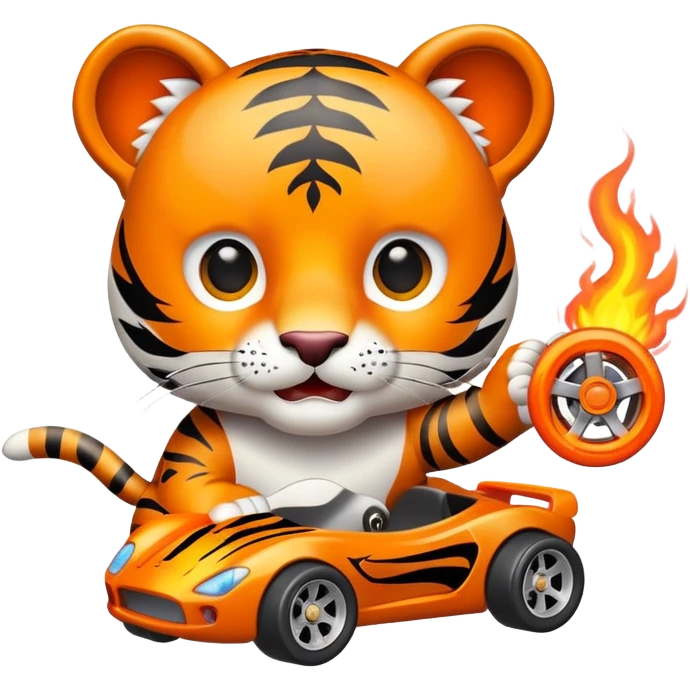 cute tiger holding toy hot wheel car with THE CAR wheels on fire emoji