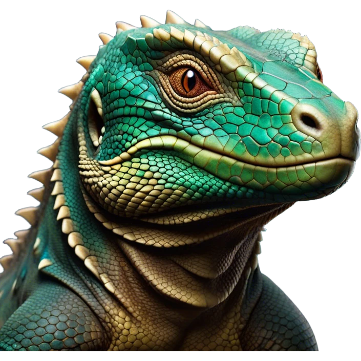 Cinematic Noble Komodo Dragon Lizard Portrait Emoji, Poised and regal, with a rugged, scaled body and powerful stance, deep-set intense eyes and textured, weathered skin, Simplified yet sharp and sophisticated features, highly detailed, glowing with a soft, ancient glow, high shine, intelligent and formidable, stylized with an air of primordial authority, focused and commanding, soft glowing outline, capturing the essence of a watchful and confident guardian that appears ready to stride out of the screen with timeless power! emoji