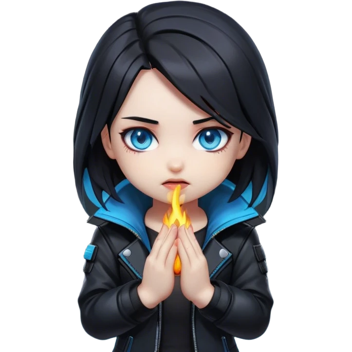 Black hair cyberpunk 2077 chibi girl with blazing blue eyes and black jacket. Hide face in hands emoji