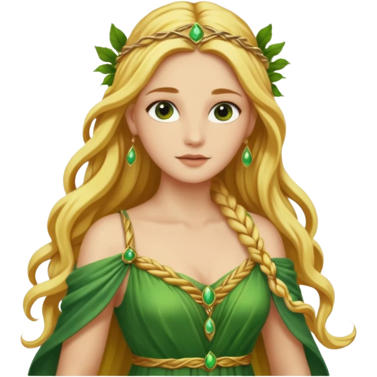 Ceres, Harvest Goddess from Rome Mythology with long golden blonde hair, green and yellow outfit, emoji