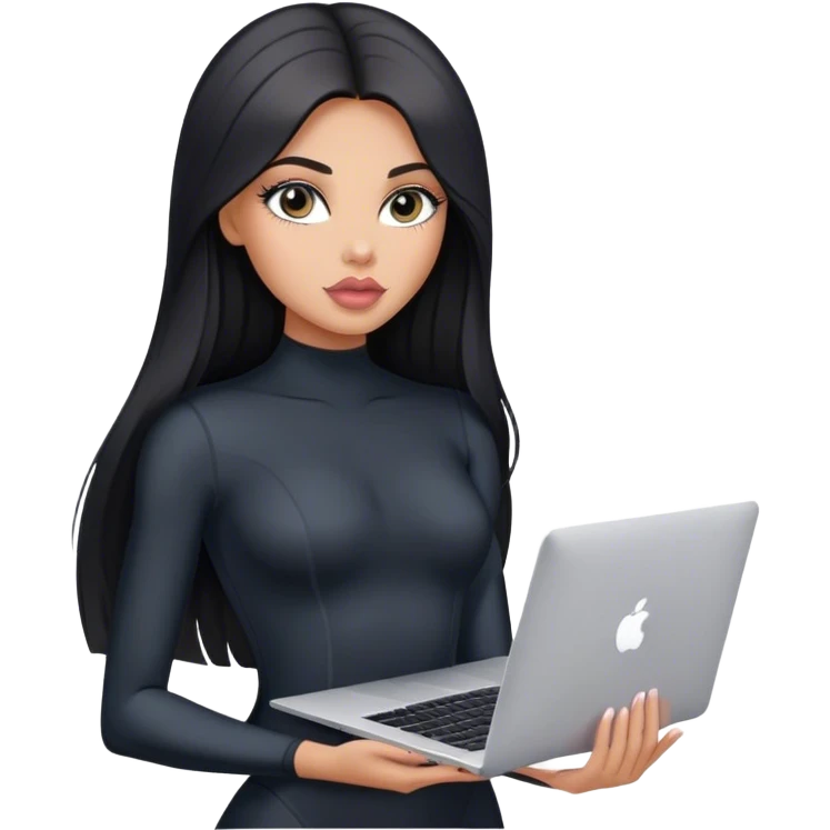 Glamours, tanned, very beautiful girl, with big pump peach-beige-rose lips, black straight smooth silky long hair, straight parting, blue-grey eyes, in black bodysuit holding MacBook emoji