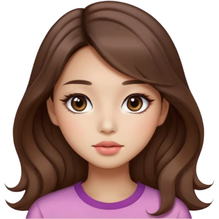 “korean straight brown hair Emoji girl, soft eyeliner and blush, gradient lips, light brown shimmer eyeshadow, long wavy hair,  emoji