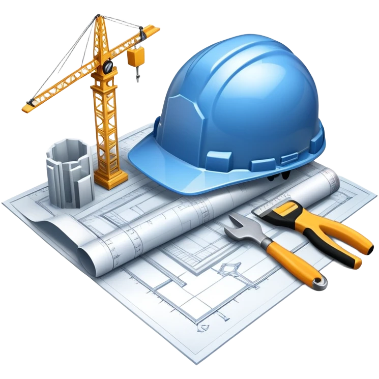 An icon featuring a blueprint, a hard hat, and construction tools, symbolizing architecture and construction. The design includes a ruler, building materials, and a skyscraper, representing the design and building process. Transparent background highlights the art and science of creating structures. emoji