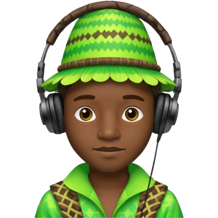 Create me an emoji of a cool Young Nigerian prince wearing a neon green gradient African patterns with  a hula hat (a Nigerian-inspired hat) and wearing cool headphones. emoji