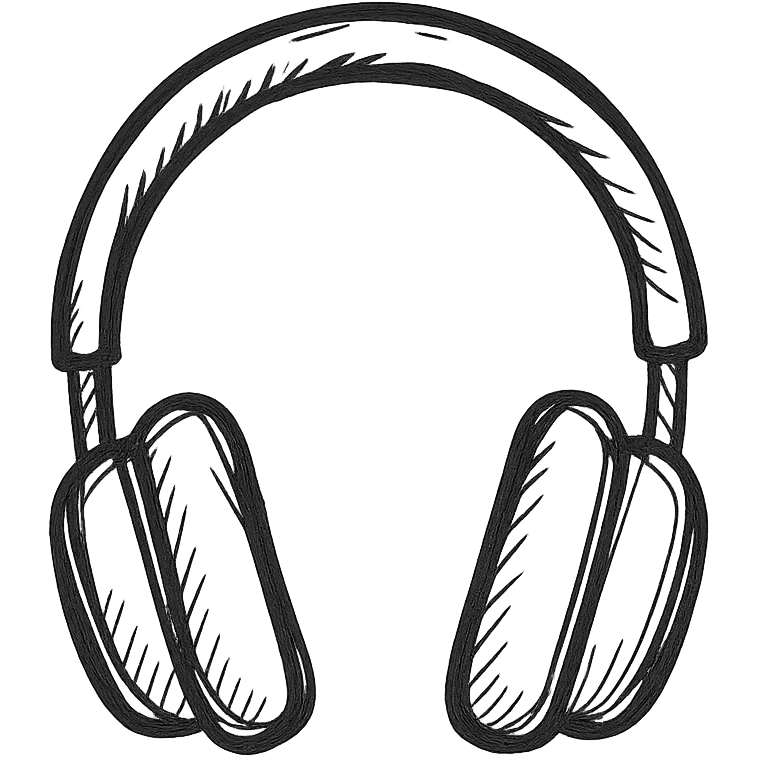 Full-size headphones, black outlined, white fill, hand drawn style emoji