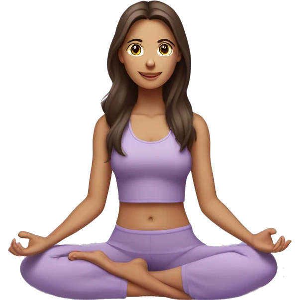 Brunette long hair and brown eyes yoga beautiful girl in light purple clothes sitting on a yoga mat emoji