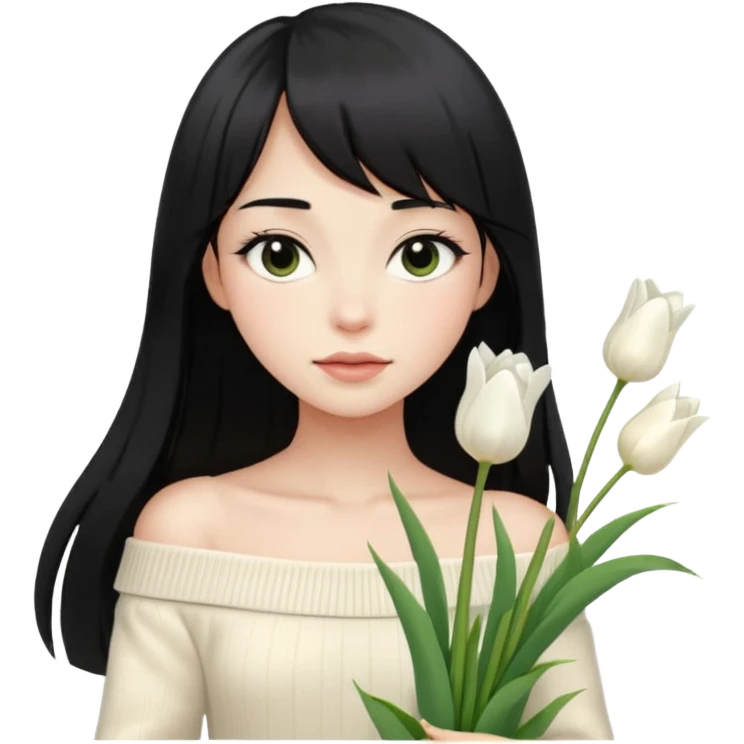 girl with long black hair, thin bangs, black eyes, cream off-shoulder sweater, holding white tulips emoji