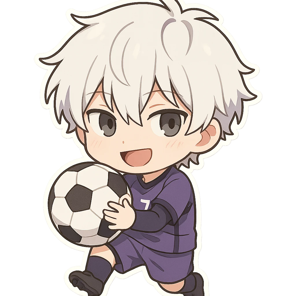 Nagi Seishiro from Blue Lock, chibi style, holding a soccer ball, playful expression, white hair emoji