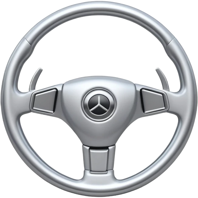 A futuristic steering wheel emoji made of silver chrome, minimal geometric design, smooth metallic surface, soft reflections, iOS emoji style, centered, clean white background emoji