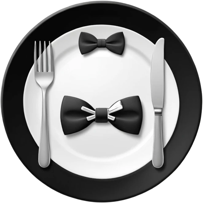 Minimalistic flat vector icon, iOS style, thin black contour on white background. Fork and knife crossed on a plate with a small bow tie above. Clean, no text, no shadows emoji