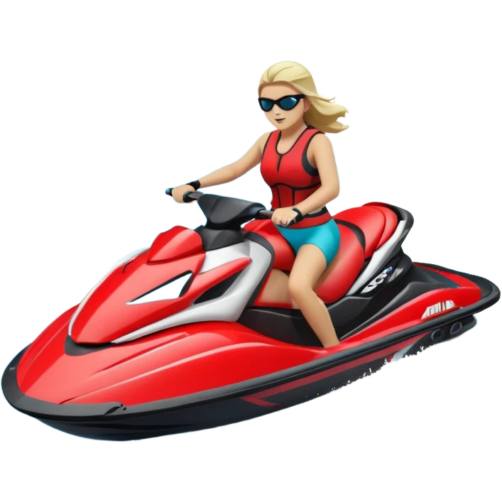 jet ski (red black and white all in the same amount. maybe a red a bit more dominant) on the sea. show the sea under the jet ski - blue with turquoise. no sky - white background instead. DO NOT REMOVE THE SEA AND THE WHITE WHEN FINALIZING!  emoji