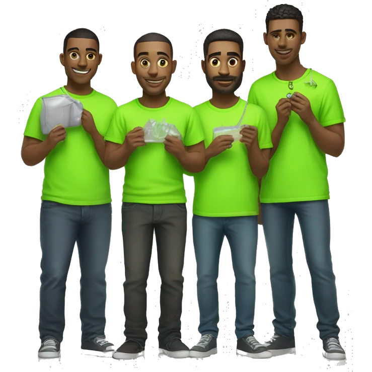 group of men in neon green shirts holding a small clear bag in one hand and a key in the other emoji