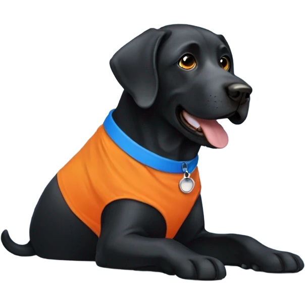 Black Labrador wearing orange and blue emoji