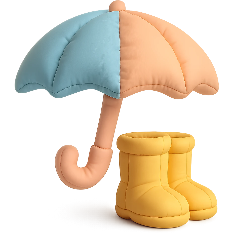 plush umbrella and rain boots, stylized and soft, playful colors, cushion style emoji
