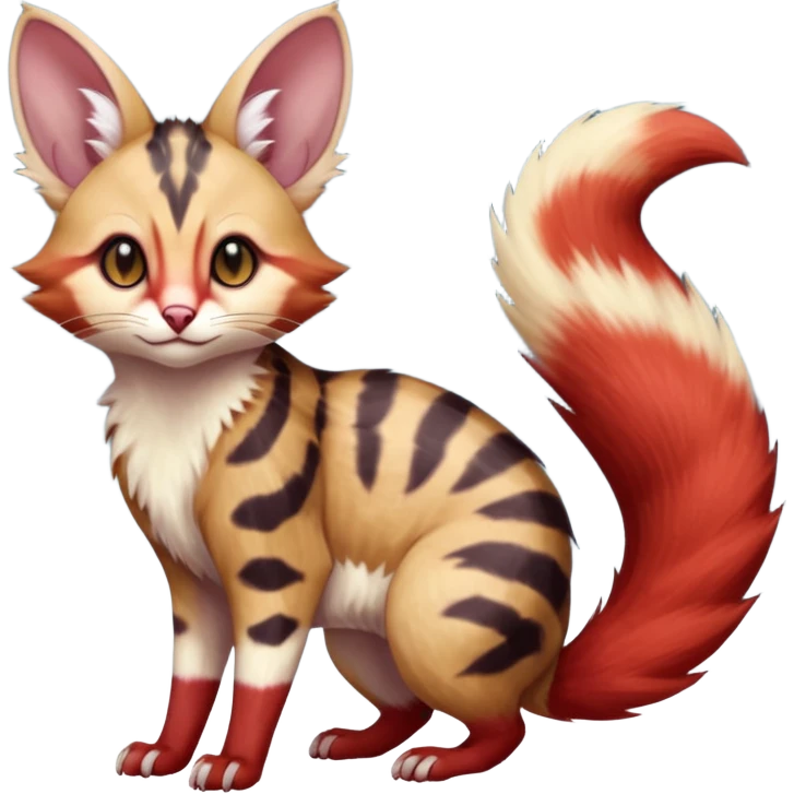 sanguine-red-streaked natural realistic divine beautiful elegant pretty precious cute young youthful  Fakémon-Pokémon-alien-opossum-feline-serval-caracal-chinchilla-Minccino-hybrid-creature with a big fluffy bushy tail (full body) emoji