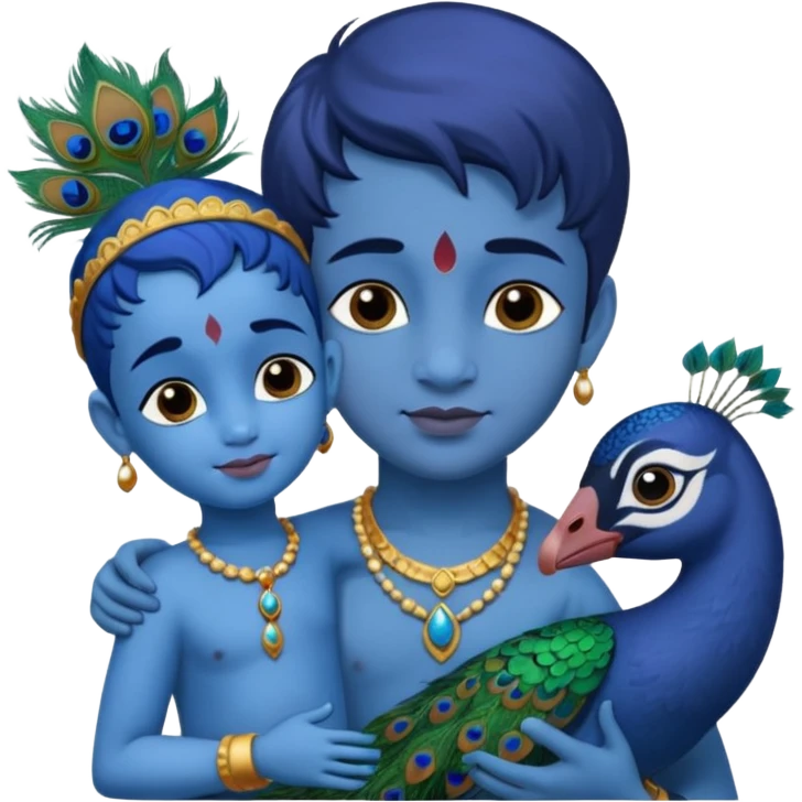 Krishna as a child (Bala Krishna) with a calf, blue skin, peacock feather emoji