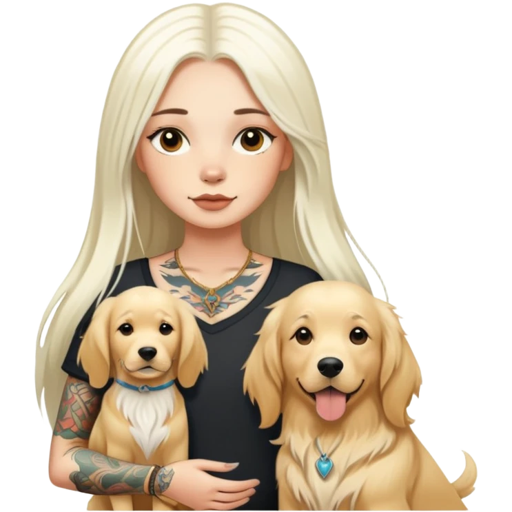 girl with long white  straight hair and tattoos and two Golden Retriever emoji