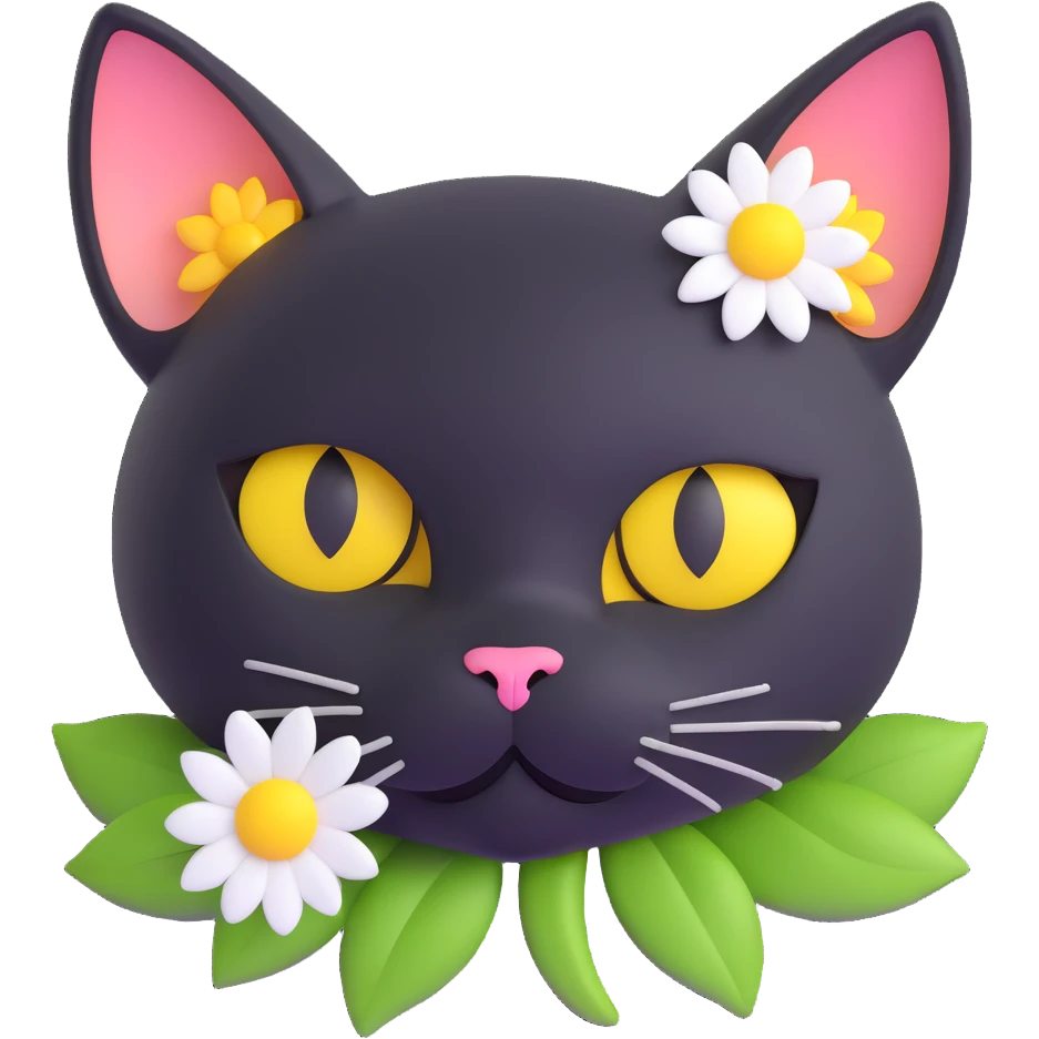 black cat head with large round yellow eyes, only the head visible above grass, white flower on top, surrounded by daisies, extra depth and shading, 3D iOS 18 style emoji