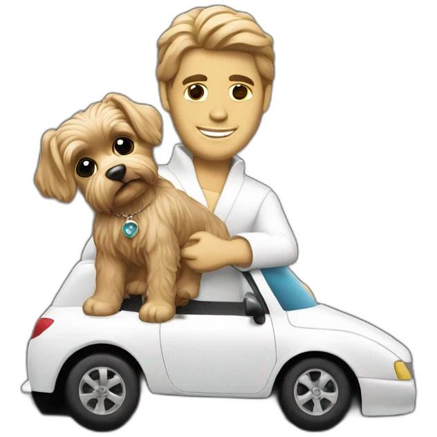 Christ the Redeemer (statue) holding a yorkie while driving red f1 car emoji